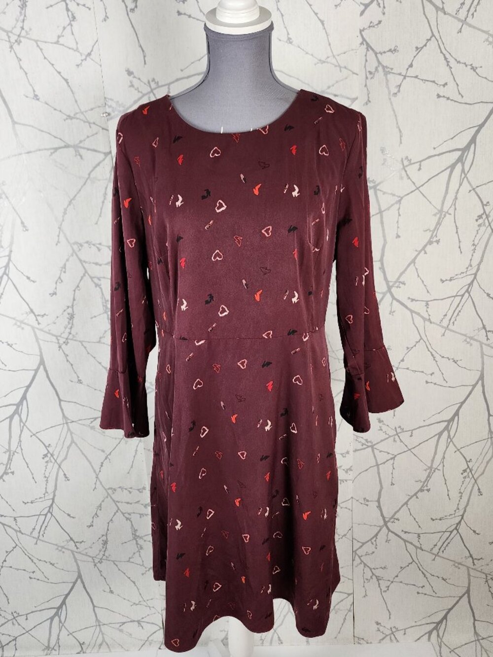 RW & Co Burgundy Hearts Shoes Printed Bell Sleeve Midi Dress
